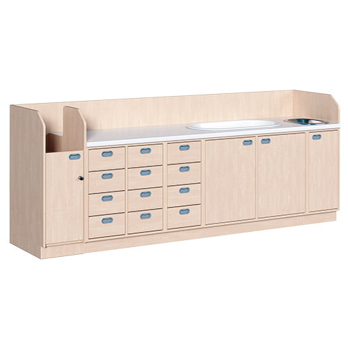 Wickelkommode, vierreihig zuzüglich Badewanne und Waschbecken B/H/T: 285x113x91,5 cm, Integrierter Aufgang links, 12 Schübe und Badewanne, Waschbecken rechts