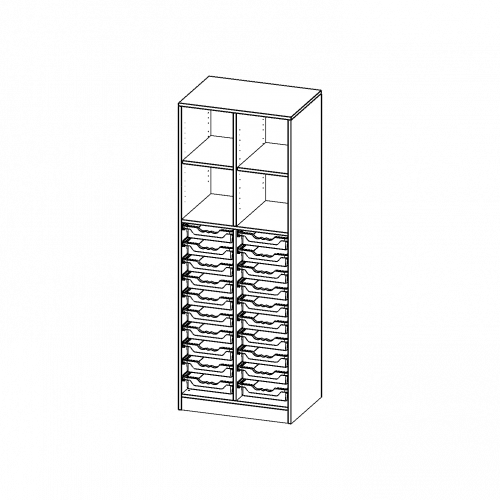 ErgoTray Regal, zweireihig, 5 Ordnerhöhen - evo180 Serie B/H/T: 70,3x190x50 cm, mit Sockel (81 mm) und Mittelwand, unten 20 flache ErgoTray Boxen, oben 4 Einlegeböden