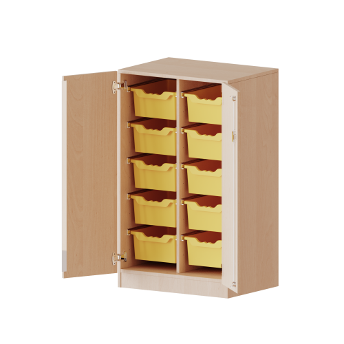 ErgoTray Schrank, zweireihig, 3 Ordnerhöhen - evo180 Serie B/H/T: 70,3x118x50 cm, zweitürig, fahrbar, mit 10 hohen ErgoTray Boxen