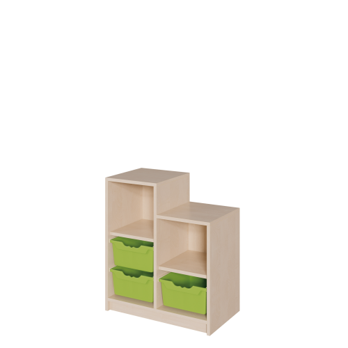 Korpus-Regal "SideStep", Regale und Boxen B/H/T: 70,5x60/80x40 cm, in stufenartiger Kontur, mit 3 Boxen und Regalfächern, hohe Seite links