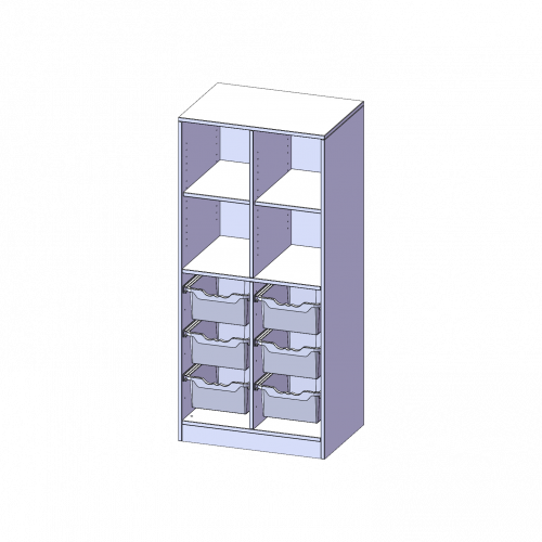ErgoTray Regal, zweireihig, 4 Ordnerhöhen - evo180 Serie B/H/T: 70,3x154x50 cm, mit Sockel (81 mm), oben 4 Fächer, unten 6 hohe ErgoTray Boxen