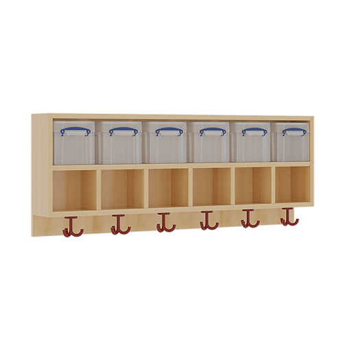 doppelte Garderobenablage B/H/T: 120x46x27 cm, oben 6 Kunststoffboxen mit Deckel, darunter 6 offene ca. 15 cm hohe Fächer, unten 3fach-Haken
