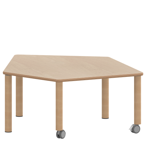 Tisch ZALOTTI mit Schichtstoff-Belag Fünfecktisch-klein, B/H/T: 121x41x110 cm, Massivholzbeine Ø 60 mm, Fußvariante: fahrbar