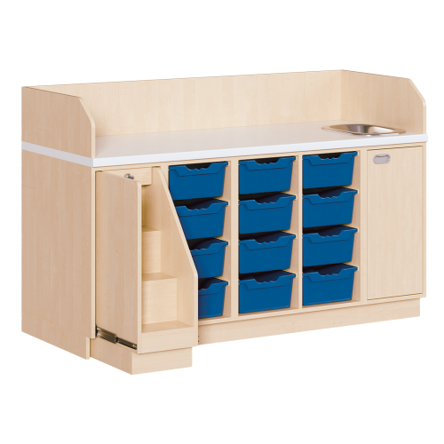 Wickelkommode, vierreihig zuzüglich Waschbecken B/H/T: 179x113x71,5 cm, Ausziehbarer Aufstieg links, 12 Boxen und Waschbecken rechts