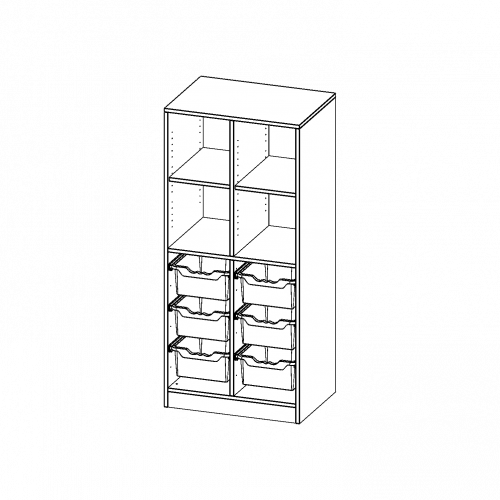 ErgoTray Regal, zweireihig, 4 Ordnerhöhen - evo180 Serie B/H/T: 70,3x154x50 cm, mit Sockel (81 mm), oben 4 Fächer, unten 6 hohe ErgoTray Boxen