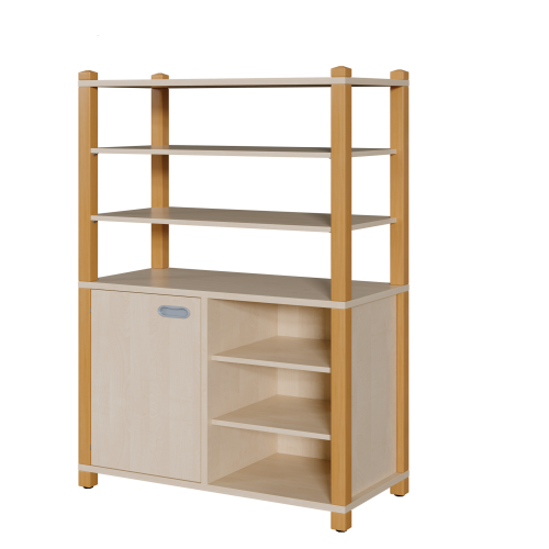 Stollen-Schrank mit einseitiger Tür und 3 offenen Fächern, hoher offener Regalaufsatz B/H/T: 106x160x40 cm, Tür links, Regal rechts, 6 Einlegeböden hoher Regalaufsatz mit 3 Fächern