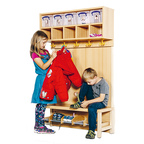 Komplettgarderobe mit doppelter Ablagereihe inklusive Boxen B/H/T: 100x158x39 cm, 5 Plätze, Sitzhöhe 26 cm, Stütze mit Paneelrückwand, Schuhrost aus Aluminiumrohren mit Trennungen