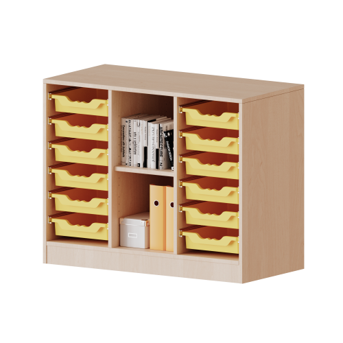 ErgoTray Regal, dreireihig, 2 Ordnerhöhen - evo180 Serie B/H/T: 104,5x82x40 cm, fahrbar, rechts und links je 6 flache ErgoTray Boxen, 2 Fächer in der Mitte