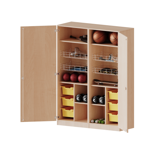 Sportschrank, 5 Ordnerhöhen - Serie evo180 B/H/T: 140,6x190x60 cm, 4 Ballkörbe, Halterungen an den Türen, 6 ErgoTray Boxen, mit Sockel (81 mm)
