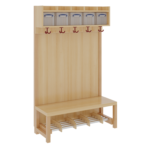 Komplettgarderobe mit einfacher Ablage inklusive Boxen B/H/T: 100x130x39 cm, 5 Plätze, Sitzhöhe 26 cm, mit Paneelrückwand, Schuhrost aus Aluminiumrohren mit Trennungen