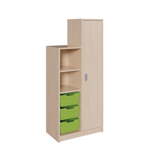 Korpus-Schrank "SideStep", Tür und Boxen B/H/T: 70,5x120/160x40 cm, in stufenartiger Kontur, links Regal und 3 Boxen, mit Tür auf hoher Seite, rechts