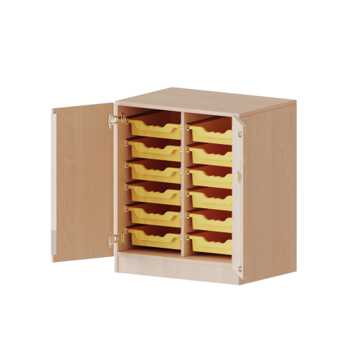 ErgoTray Schrank, zweireihig, 2 Ordnerhöhen - evo180 Serie B/H/T: 70,3x82x50 cm, zweitürig, fahrbar, mit 12 flachen ErgoTray Boxen