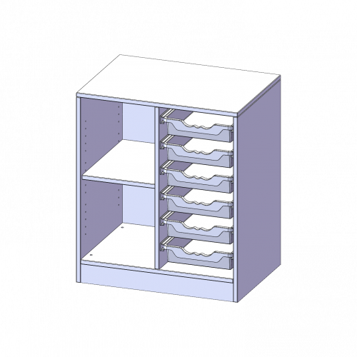 ErgoTray Regal, zweireihig, 2 Ordnerhöhen - evo180 Serie B/H/T: 70,3x82x50 cm, mit Sockel (81 mm), links 2 Fächer, rechts 6 flache ErgoTray Boxen