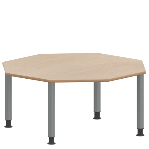 Tisch ZALOTTI mit Schichtstoff-Belag Achtecktisch, B/H/T: 120x46x120 cm, Stahlrohrbeine Ø 60 mm, Fußvariante: höhenverstellbar (46/60 cm), Tischbeine mit RAL-Farbe 9006 (weißaluminium)