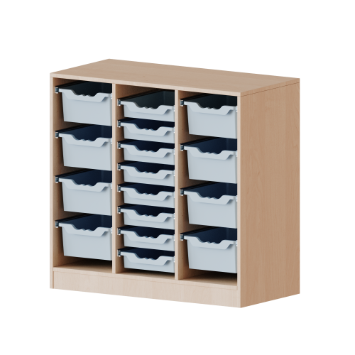 ErgoTray Regal, dreireihig, 2,5 Ordnerhöhen - evo180 Serie B/H/T: 104,5x100x40 cm, mit Möbelstellfüßen, rechts und links je 4 hohe, in der Mitte 8 flache ErgoTray Boxen