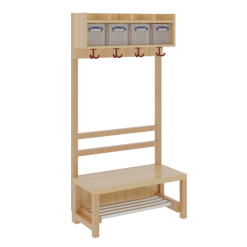 Komplettgarderobe mit einfacher Ablage inklusive Boxen B/H/T: 80x130x39 cm, 4 Plätze, Sitzhöhe: 34 cm, offene Stütze in Buche-massiv, mit Schuhrost aus Aluminiumrohren