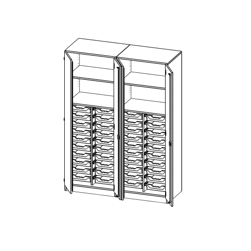 ErgoTray Schrank, zweiteilig, vierreihig, 5 Ordnerhöhen - evo180 Serie B/H/T: 140,6x190x50 cm, viertürig, zweiteilig, mit Sockel (81 mm), mit Mittelwand, mit 40 flachen ErgoTray Boxen
