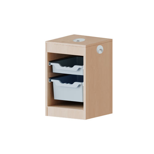 Regal mit flachen und hohen ErgoTray-Boxen, 1 Ordnerhöhe mit Kabelkanal B/H/T: 36,1x56x40 cm, mit zusätzlichem Kabelfach und 3 Kabeldurchlässen, 1 flache und 1 hohe ErgoTray Boxen