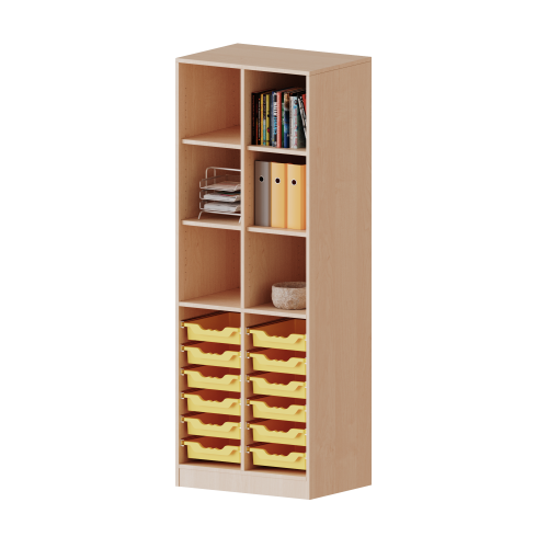 ErgoTray Regal, zweireihig, 5 Ordnerhöhen - evo180 Serie B/H/T: 70,3x190x40 cm, mit Sockel (81 mm) und Mittelwand, unten 12 flache ErgoTray Boxen, oben 4 Einlegeböden