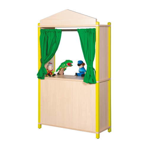 Kasperletheater in Stollenbauweise B/H/T: 106x160x40 cm, Innenseite als Regal mit 2 Einlegeböden und Vorhang
