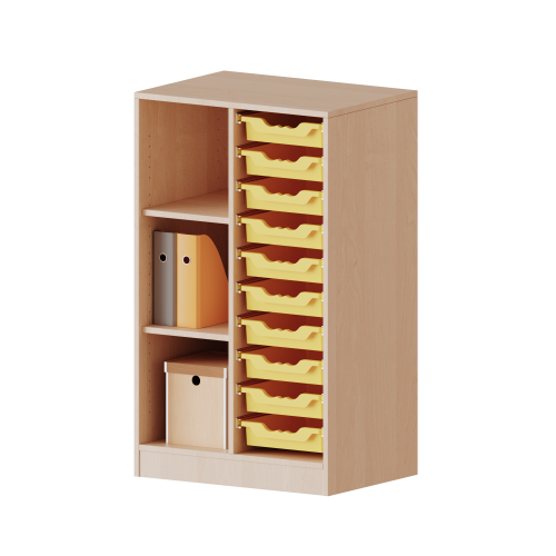 ErgoTray Regal, zweireihig, 3 Ordnerhöhen - evo180 Serie B/H/T: 70,3x118x50 cm, mit Möbelstellfüßen, links 3 Fächer, rechts 10 flache ErgoTray Boxen