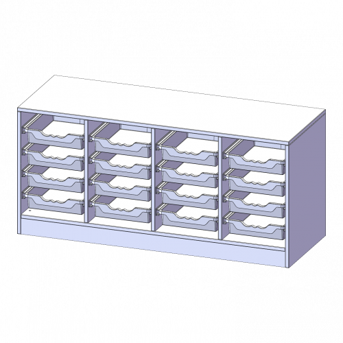 ErgoTray Regal, vierreihig, 1,5 Ordnerhöhen - evo180 Serie B/H/T: 138,7x64x50 cm, mit Sockel (81 mm), 16 flache ErgoTray Boxen