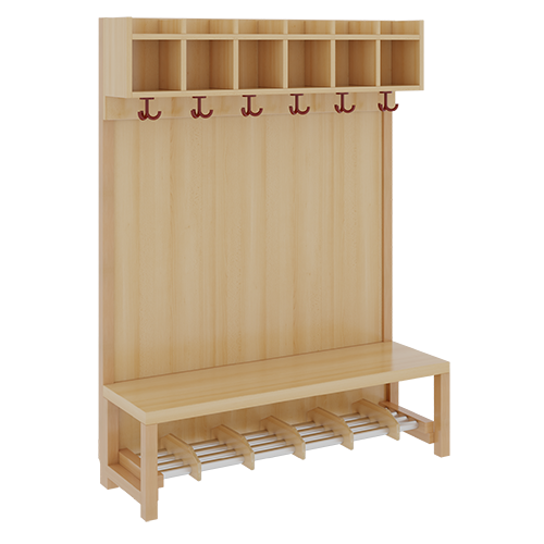 Komplettgarderobe mit einfacher Ablagereihe B/H/T: 120x130x39 cm, 6 Plätze, Sitzhöhe 26 cm, Stütze mit Paneelrückwand, Alurohr-Schuhrost mit Trennungen