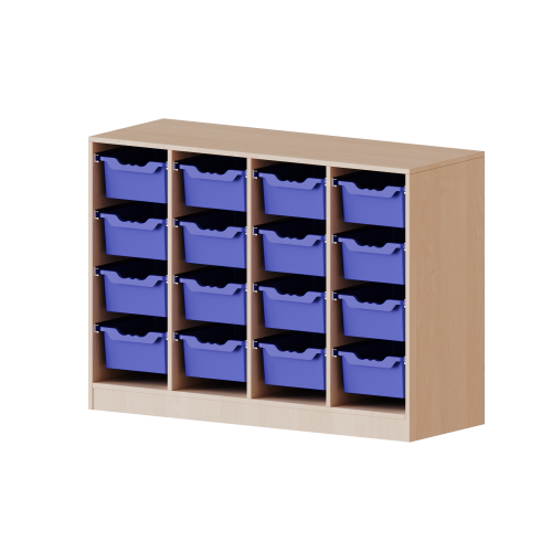 ErgoTray Regal, vierreihig, 2,5 Ordnerhöhen - evo180 Serie B/H/T: 138,7x100x50 cm, fahrbar, 16 hohe ErgoTray Boxen