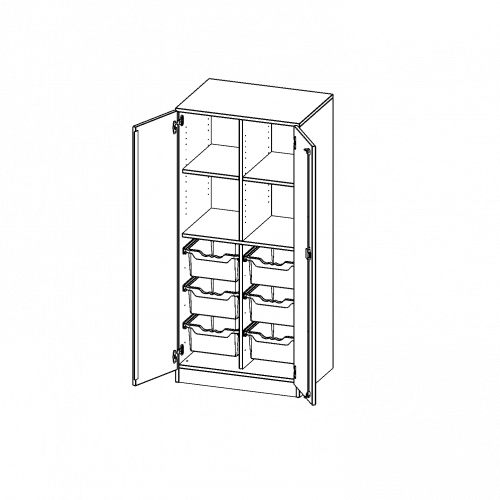 ErgoTray Schrank, zweireihig, 4 Ordnerhöhen - evo180 Serie B/H/T: 70,3x154x50 cm, zweitürig, mit Sockel (81 mm), mit 6 hohen ErgoTray Boxen