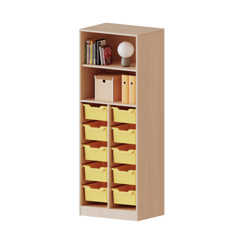 ErgoTray Regal, zweireihig, 5 Ordnerhöhen - evo180 Serie B/H/T: 70,3x190x40 cm, mit Sockel (81 mm), unten 10 hohe ErgoTray Boxen, oben 2 Einlegeböden
