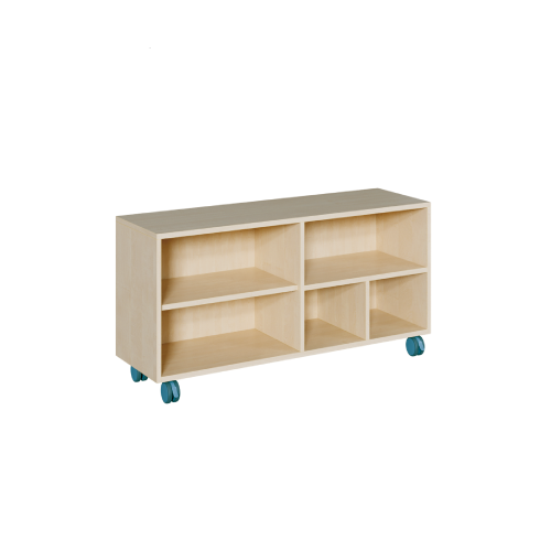 fahrbares Regal in Korpusbauweise B/H/T: 139x62,5x40 cm, mit 5 Fächern in unterschiedlicher und variabler Größe