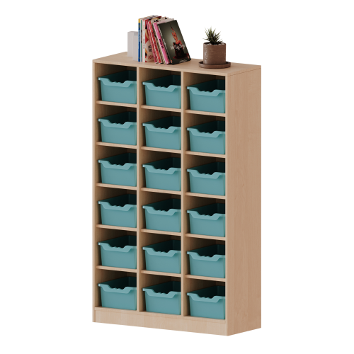 Taschenregal, 4,5 Ordnerhöhen - Serie evo180 B/H/T: 104,5x172x40 cm, 18 halbhohe Fächer, je mit einer hohen ErgoTray Box, mit Sockel (81 mm)