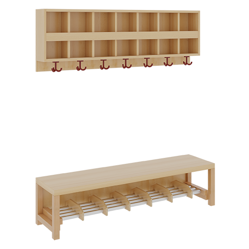 Komplettgarderobe mit doppelter Ablagereihe B/T: 140x35 cm, 7 Plätze, Sitzhöhe 42 cm, 2teilig ohne Stütze, Ablage zur Wandmontage, Alurohr-Schuhrost mit Trennungen