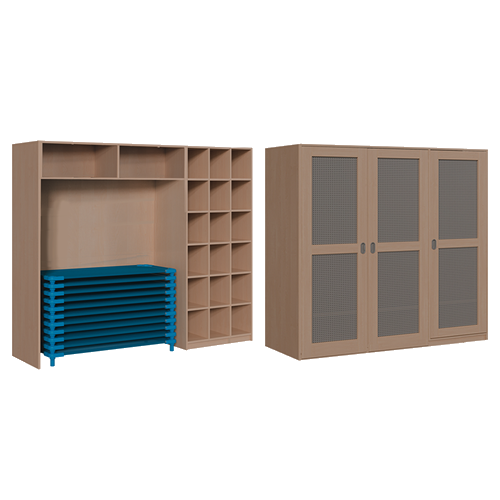 Schrank für Stapelliegen B/H/T: 226x190x67 cm, für max. 20 Liegen, 20 Bettzeugfächer, mit Lochblechtüren