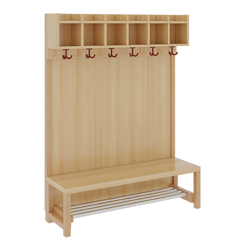 Komplettgarderobe mit einfacher Ablagereihe B/H/T: 120x130x39 cm, 6 Plätze, Sitzhöhe: 26 cm, Stütze mit Paneelrückwand, mit Schuhrost aus Aluminiumrohren