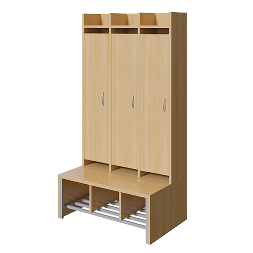 Spindgarderobe, hohe Tür B/H/T: 83x160x55 cm, 3 Plätze, Türen links, Bank aus feuerhemmendem Material, Schuhrost, 3fach-Haken
