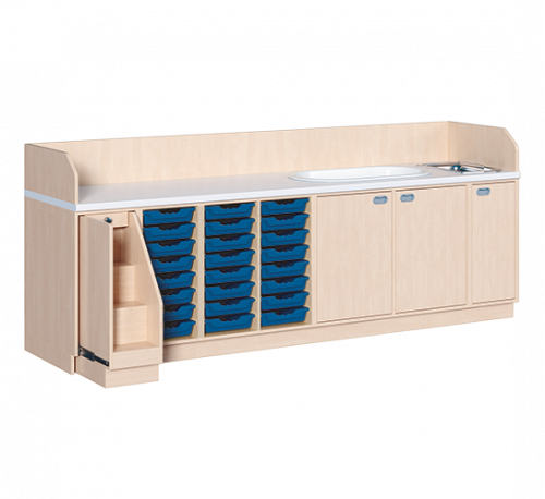 Wickelkommode, vierreihig zuzüglich Badewanne und Waschbecken B/H/T: 285x113x91,5 cm, Ausziehbarer Aufstieg links, 24 Boxen und Badewanne, Waschbecken rechts