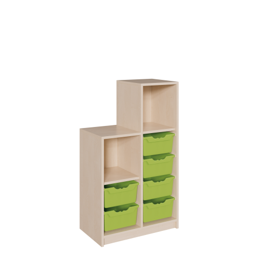 Korpus-Regal "SideStep", Regale und Boxen B/H/T: 70,5x80/120x40 cm, in stufenartiger Kontur, mit 6 Boxen und Regalfächern, hohe Seite rechts