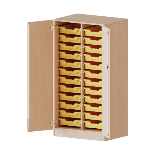 ErgoTray Schrank, zweireihig, 3,5 Ordnerhöhen - evo180 Serie B/H/T: 70,3x136x50 cm, zweitürig, mit Sockel (81 mm), mit 24 flachen ErgoTray Boxen