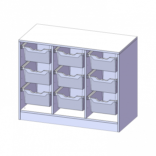 ErgoTray Regal, dreireihig, 2 Ordnerhöhen - evo180 Serie B/H/T: 104,5x82x50 cm, mit Sockel (81 mm), 9 hohe ErgoTray Boxen