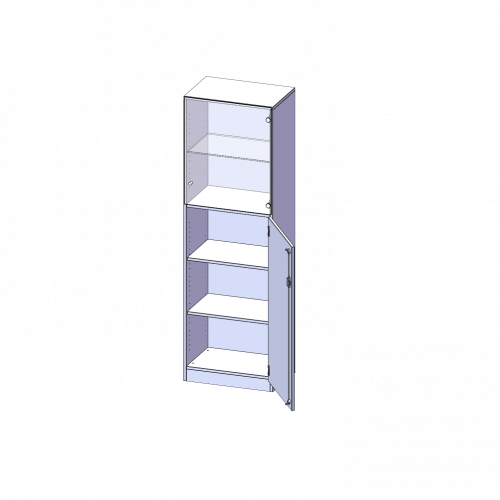 Schrank 5 Ordnerhöhen, unten Tür (3 OH), oben Vitrinentür (2 OH) - Serie evo180 B/H/T: 60x190x50 cm, 1 geschlossene und 1 Glastür, abschließbar, Türen öffnen nach rechts, mit Sockel (81 mm)