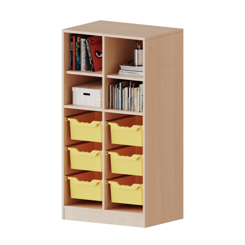 ErgoTray Regal, zweireihig, 3,5 Ordnerhöhen - evo180 Serie B/H/T: 70,3x136x40 cm, mit Sockel (81 mm), oben 4 Fächer, unten 6 hohe ErgoTray Boxen