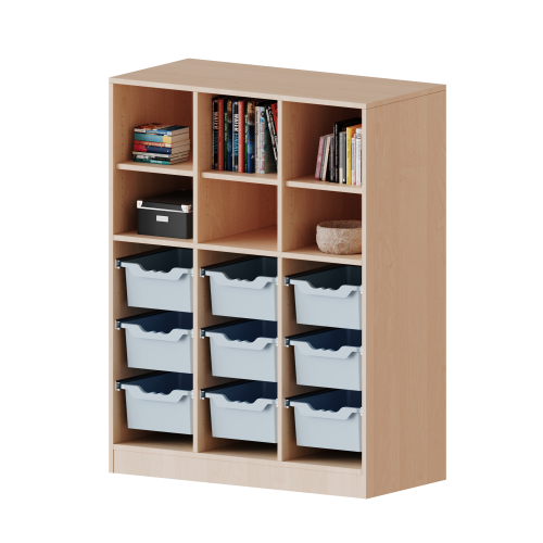 ErgoTray Regal, dreireihig, 3,5 Ordnerhöhen - evo180 Serie B/H/T: 104,5x136x40 cm, mit Sockel (81 mm), unten 9 hohe, oben 6 Fächer