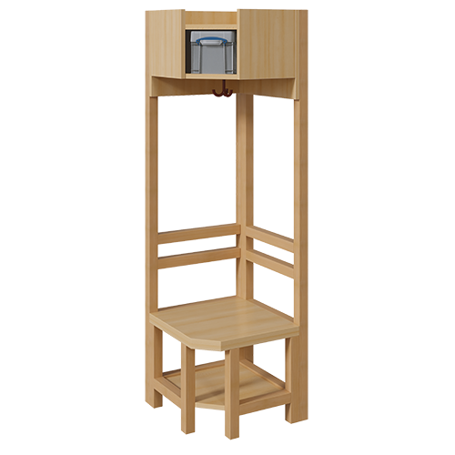 Garderoben-Innenecke, für einfache Ablage inklusive Box B/H/T: 47x130x47 cm, Sitzhöhe: 34 cm, offene Stützenrahmen über Eck in Buche-massiv, Schuhablage