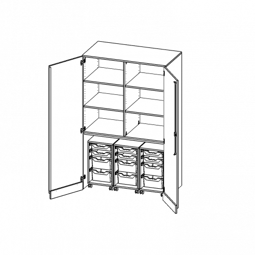 Garagenschrank ohne Sockel, 5 Ordnerhöhen - Serie evo180 B/H/T: 120x190x60 cm, 3 Container mit je 2 flachen und 2 hohen ErgoTray Boxen