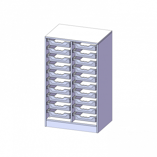 ErgoTray Regal, zweireihig, 3 Ordnerhöhen - evo180 Serie B/H/T: 70,3x118x50 cm, mit Sockel (81 mm), 20 flache ErgoTray Boxen