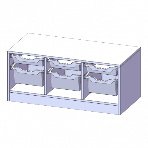 ErgoTray Regal, dreireihig, 1 Ordnerhöhe - evo180 Serie B/H/T: 104,5x46x50 cm, mit Sockel (81 mm), 3 flache und 3 hohe ErgoTray Boxen