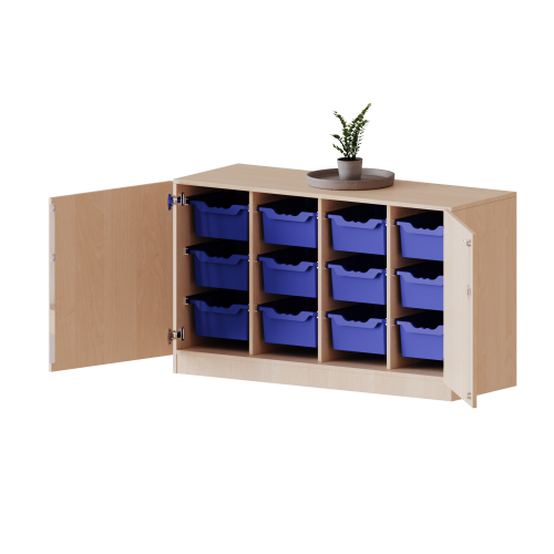 ErgoTray Schrank, vierreihig, 2 Ordnerhöhen - evo180 Serie B/H/T: 138,7x82x50 cm, zweitürig, fahrbar, mit 12 hohen ErgoTray Boxen