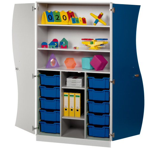 Hochschrank mit Wellentüren, 10 hohe ErgoTray Boxen & 4 Einlegeböden B/H/T: 104,5x190x50 cm, Türen Farbe Grau