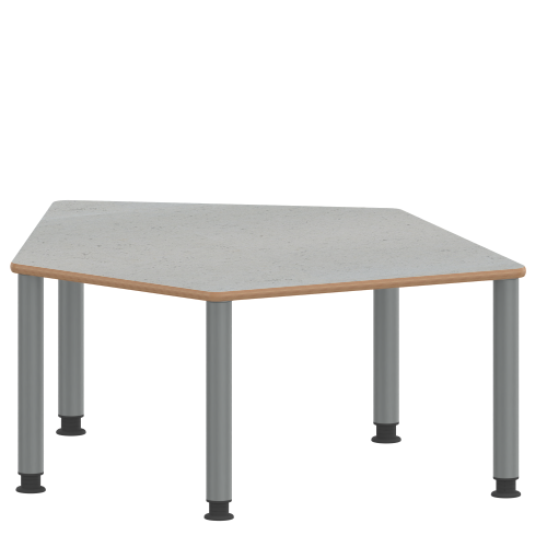 Tisch ZALOTTI mit Linoleum-Belag Fünfecktisch-klein, B/H/T: 121x41x110 cm, Stahlrohrbeine Ø 60 mm, Fußvariante: höhenverstellbar (41/55 cm), Tischbeine mit RAL-Farbe 9006 (weißaluminium)